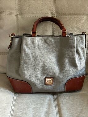 Dooney & Bourke Gray Leather Satchel with Brown Trim and Handles